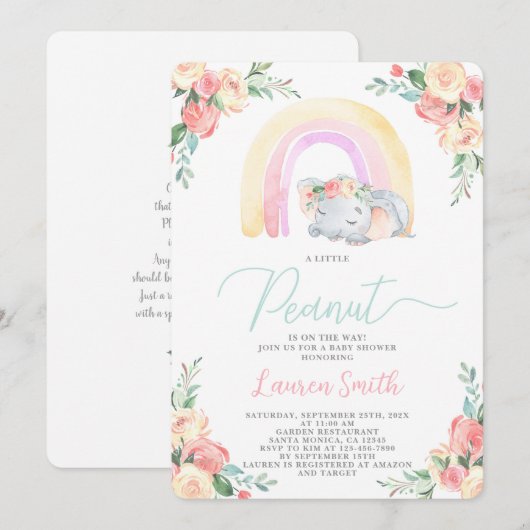 Olifant Baby Shower Uitnodiging voor Meisje (Voorkant / Achterkant)