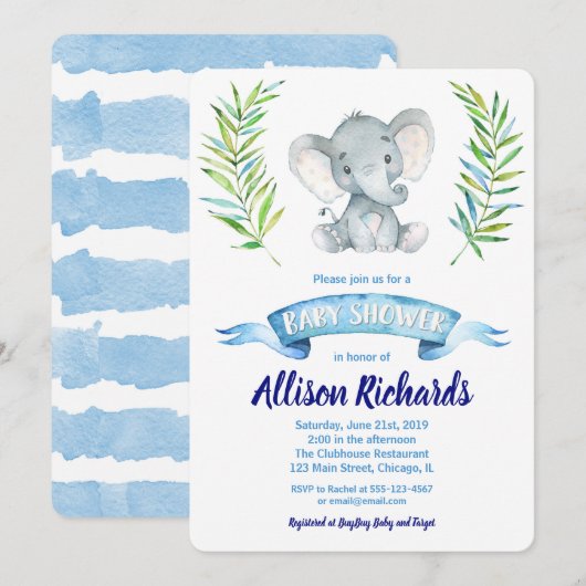Olifant baby shower uitnodiging voor waterverf (Voorkant / Achterkant)