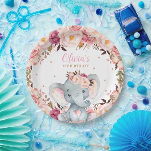 Olifant Baby shower Verjaardag Blush Bloemen 9" Papieren Bordje (Feest)