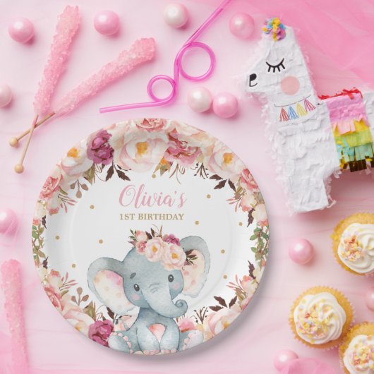 Olifant Baby shower Verjaardag Blush Bloemen 9" Papieren Bordje (Feest)