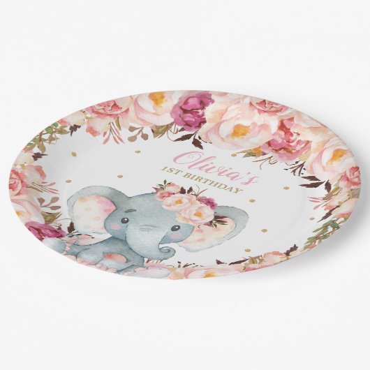 Olifant Baby shower Verjaardag Blush Bloemen 9" Papieren Bordje (Gekanteld)