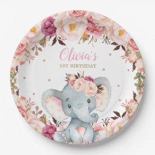 Olifant Baby shower Verjaardag Blush Bloemen 9" Papieren Bordje