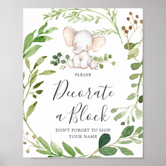 Olifant Baby shower Versier een blokteken Poster (Voorkant)