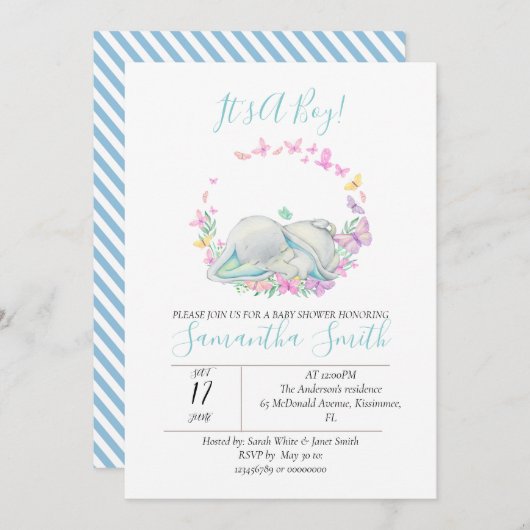 Olifant Baby shower Vlinders Uitnodiging (Voorkant / Achterkant)