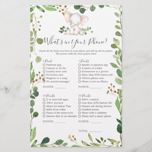 Olifant Baby shower Wat zit er in je telefoon (Voorkant)