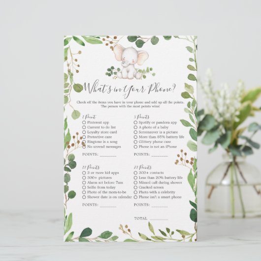 Olifant Baby shower Wat zit er in je telefoon (Staand voorkant)