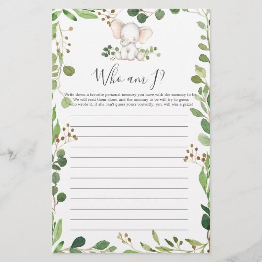 Olifant Baby shower Wie ben ik spel (Voorkant)