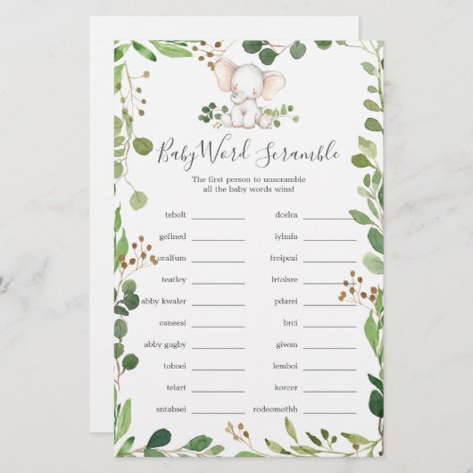 Olifant Baby shower Word Scramble spel (Voorkant / Achterkant)