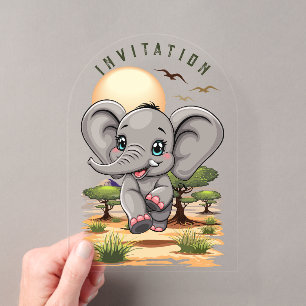 Olifant Baby Springend Gelukkig in Afrikaanse Sava Acryl Uitnodigingen