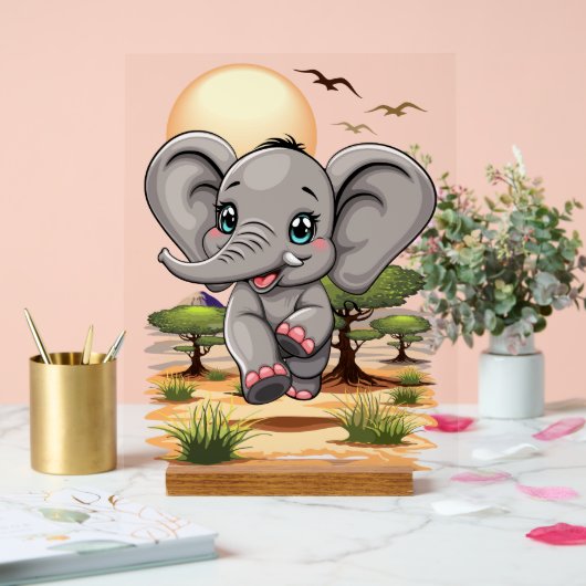 Olifant Baby springt vrolijk in Afrikaanse savanne Acryl Bord (Huwelijk)