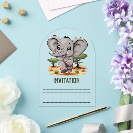 Olifant Baby springt vrolijk in Afrikaanse savanne Acryl Uitnodigingen (Insitu (Huwelijk))