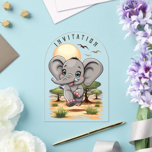 Olifant Baby springt vrolijk in Afrikaanse savanne Acryl Uitnodigingen (Insitu (Huwelijk))