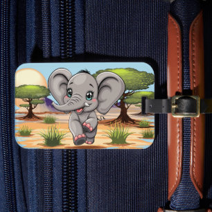 Olifant Baby springt vrolijk in Afrikaanse savanne Bagagelabel