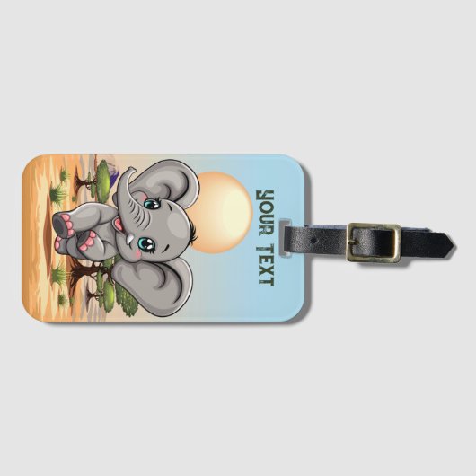 Olifant Baby springt vrolijk in Afrikaanse savanne Bagagelabel (Voorkant (horizontaal))