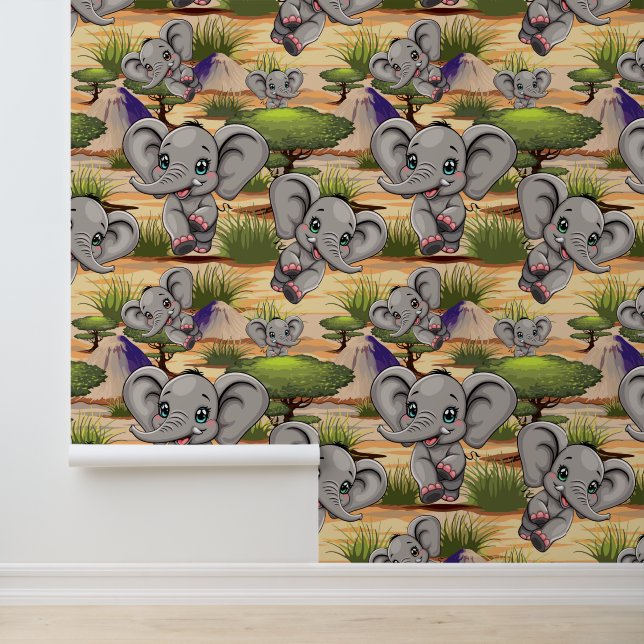Olifant Baby springt vrolijk in Afrikaanse savanne Behang (Applicatie)
