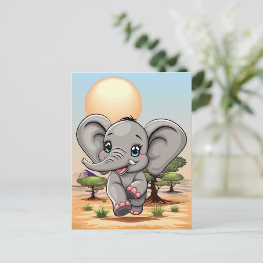 Olifant Baby springt vrolijk in Afrikaanse savanne Briefkaart (Staand voorkant)