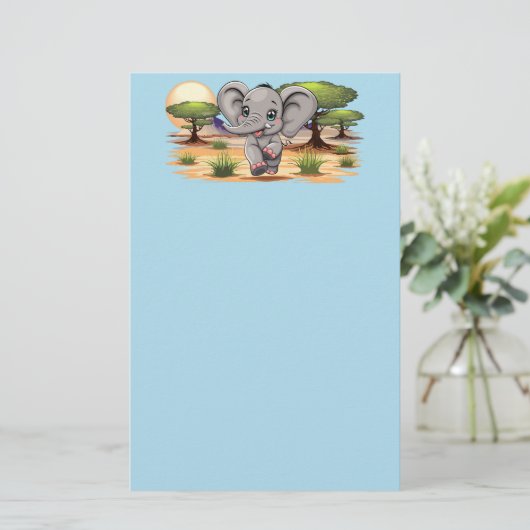 Olifant Baby springt vrolijk in Afrikaanse savanne Briefpapier (Staand voorkant)