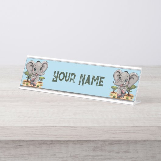 Olifant Baby springt vrolijk in Afrikaanse savanne Bureau Naambordje (Voorkant)