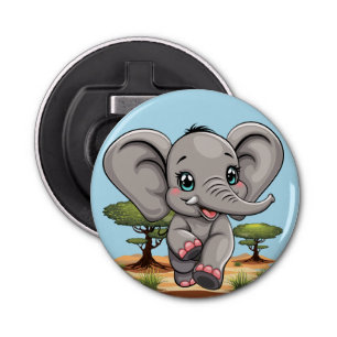 Olifant Baby springt vrolijk in Afrikaanse savanne Button Flesopener