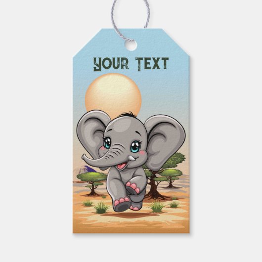 Olifant Baby springt vrolijk in Afrikaanse savanne Cadeaulabel (Voorkant)