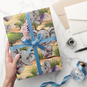 Olifant Baby springt vrolijk in Afrikaanse savanne Cadeaupapier