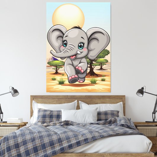 Olifant Baby springt vrolijk in Afrikaanse savanne Canvas Afdruk (Insitu (Slaapkamer))