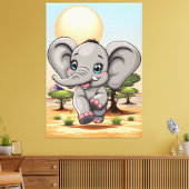 Olifant Baby springt vrolijk in Afrikaanse savanne Canvas Afdruk (Insitu (Woonkamer))