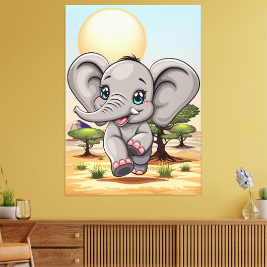 Olifant Baby springt vrolijk in Afrikaanse savanne Canvas Afdruk (Insitu (Woonkamer))