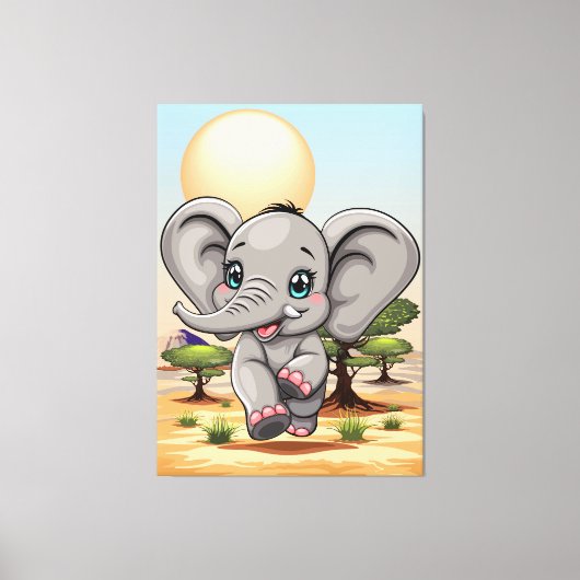 Olifant Baby springt vrolijk in Afrikaanse savanne Canvas Afdruk (Voorkant)