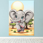 Olifant Baby springt vrolijk in Afrikaanse savanne Canvas Afdruk (Insitu (Houten vloer))