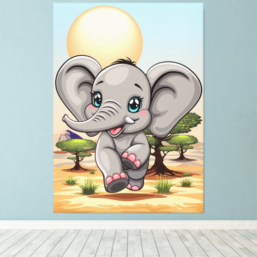 Olifant Baby springt vrolijk in Afrikaanse savanne Canvas Afdruk (Insitu (Houten vloer))