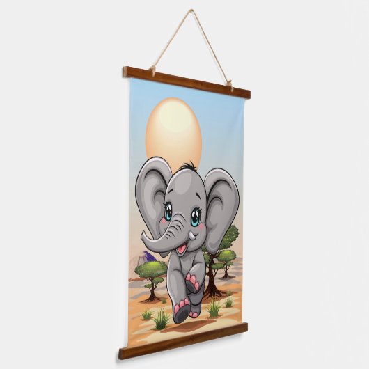 Olifant Baby springt vrolijk in Afrikaanse savanne Hangend Wandkleed (Gebogen)