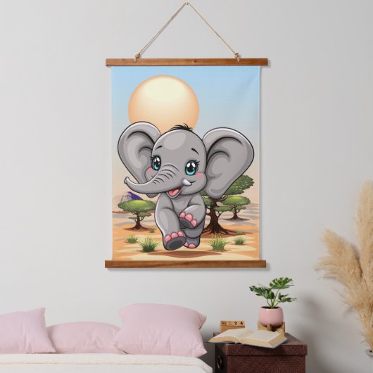 Olifant Baby springt vrolijk in Afrikaanse savanne Hangend Wandkleed (Slaapkamer)