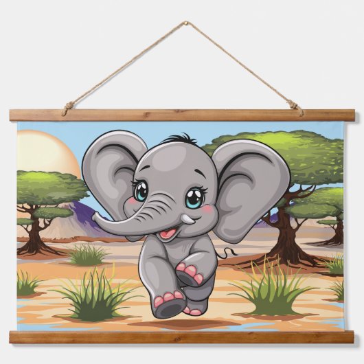 Olifant Baby springt vrolijk in Afrikaanse savanne Hangend Wandkleed (Voorkant)