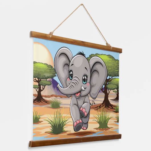 Olifant Baby springt vrolijk in Afrikaanse savanne Hangend Wandkleed (Gebogen)