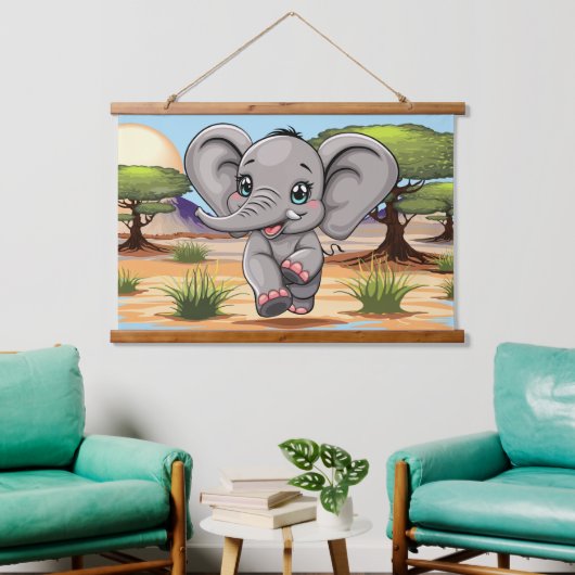 Olifant Baby springt vrolijk in Afrikaanse savanne Hangend Wandkleed (Woonkamer)
