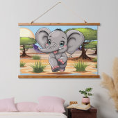 Olifant Baby springt vrolijk in Afrikaanse savanne Hangend Wandkleed (Slaapkamer)