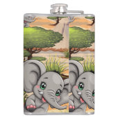 Olifant Baby springt vrolijk in Afrikaanse savanne Heupfles (Achterkant)