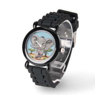 Olifant Baby springt vrolijk in Afrikaanse savanne Horloge