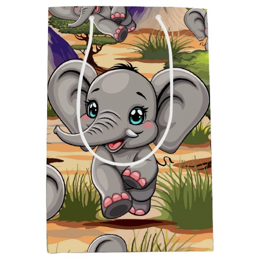Olifant Baby springt vrolijk in Afrikaanse savanne Medium Cadeauzakje (Voorkant)