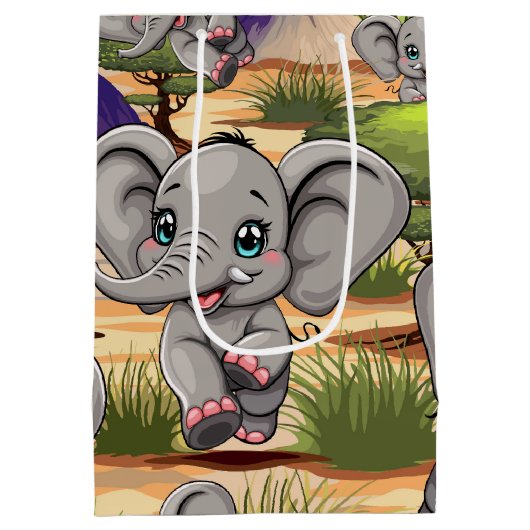 Olifant Baby springt vrolijk in Afrikaanse savanne Medium Cadeauzakje (Achterkant)