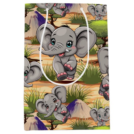 Olifant Baby springt vrolijk in Afrikaanse savanne Medium Cadeauzakje (Voorkant)