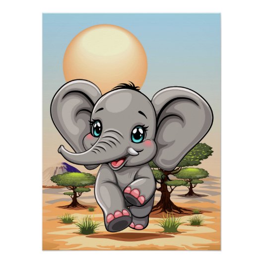 Olifant Baby springt vrolijk in Afrikaanse savanne Perfect Poster (Voorkant)