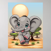 Olifant Baby springt vrolijk in Afrikaanse savanne Poster (Voorkant)