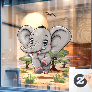 Olifant Baby springt vrolijk in Afrikaanse savanne Raamsticker