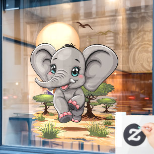 Olifant Baby springt vrolijk in Afrikaanse savanne Raamsticker