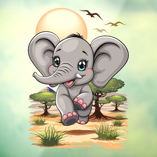Olifant Baby springt vrolijk in Afrikaanse savanne Raamsticker (Vel 3)