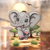 Olifant Baby springt vrolijk in Afrikaanse savanne Raamsticker (Vel 2)