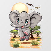 Olifant Baby springt vrolijk in Afrikaanse savanne Raamsticker (Vel)