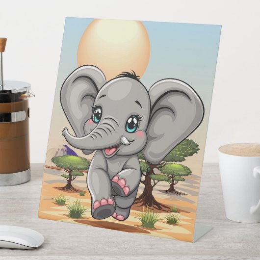 Olifant Baby springt vrolijk in Afrikaanse savanne Reclamebord Met Voetstuk (Insitu)